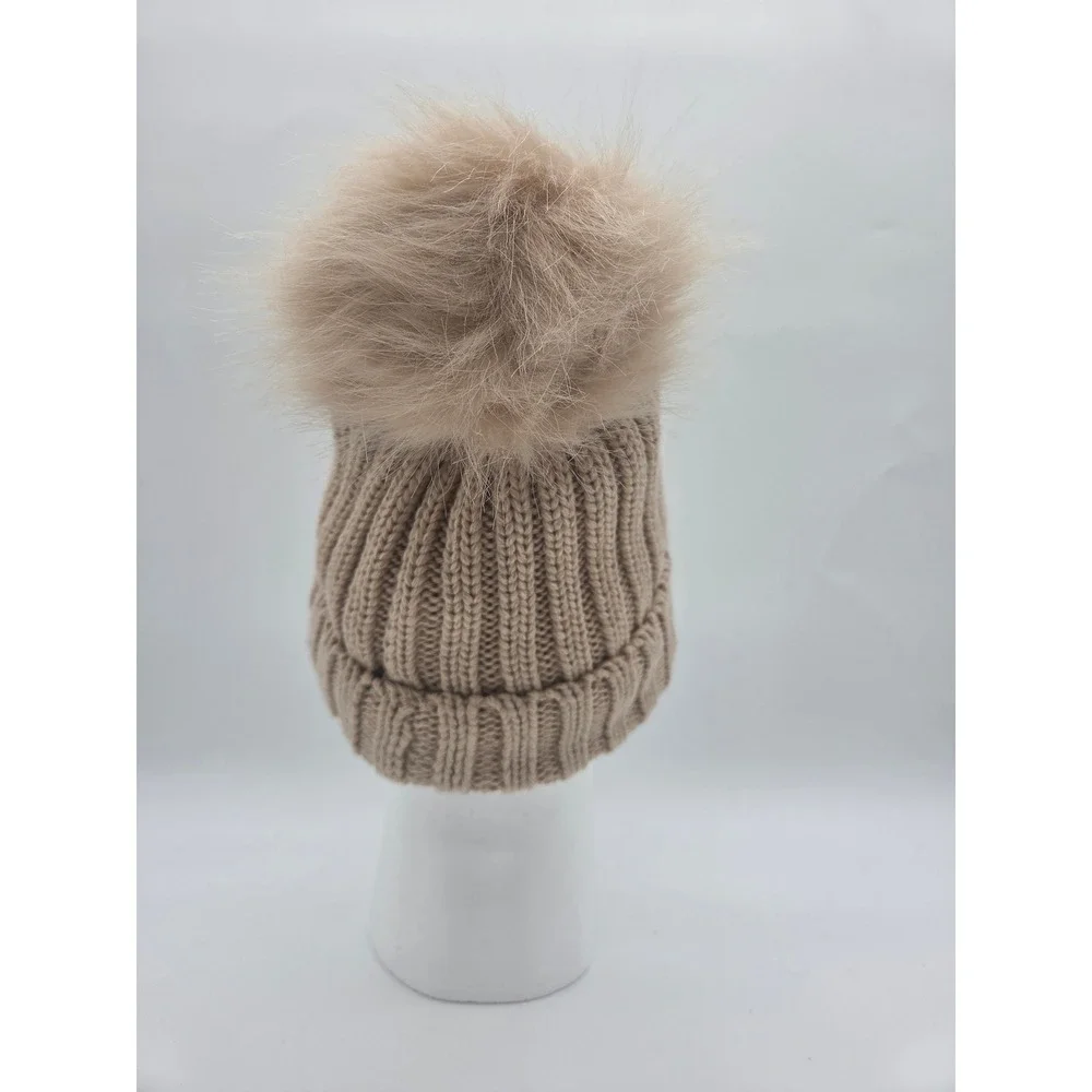 Time and Tru Beanie OS Tan Womens Ribbed Faux Fur Pom Pom Recycled Knit Hat